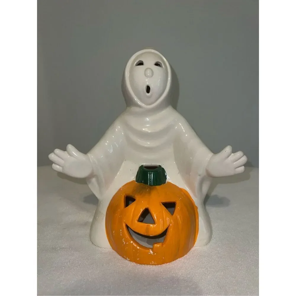 VTG Ghost Halloween PORCELINE Spooky Tealight Candleholder